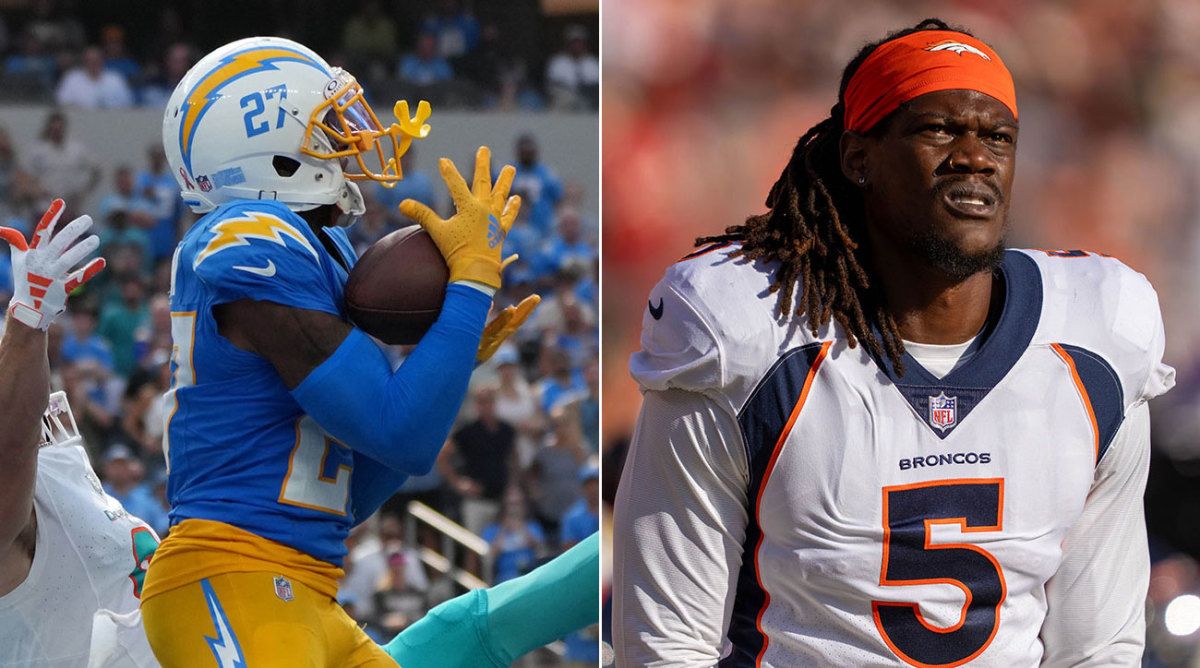 Separate photos of J.C. Jackson and Randy Gregory, playing for their old teams before recent trades.