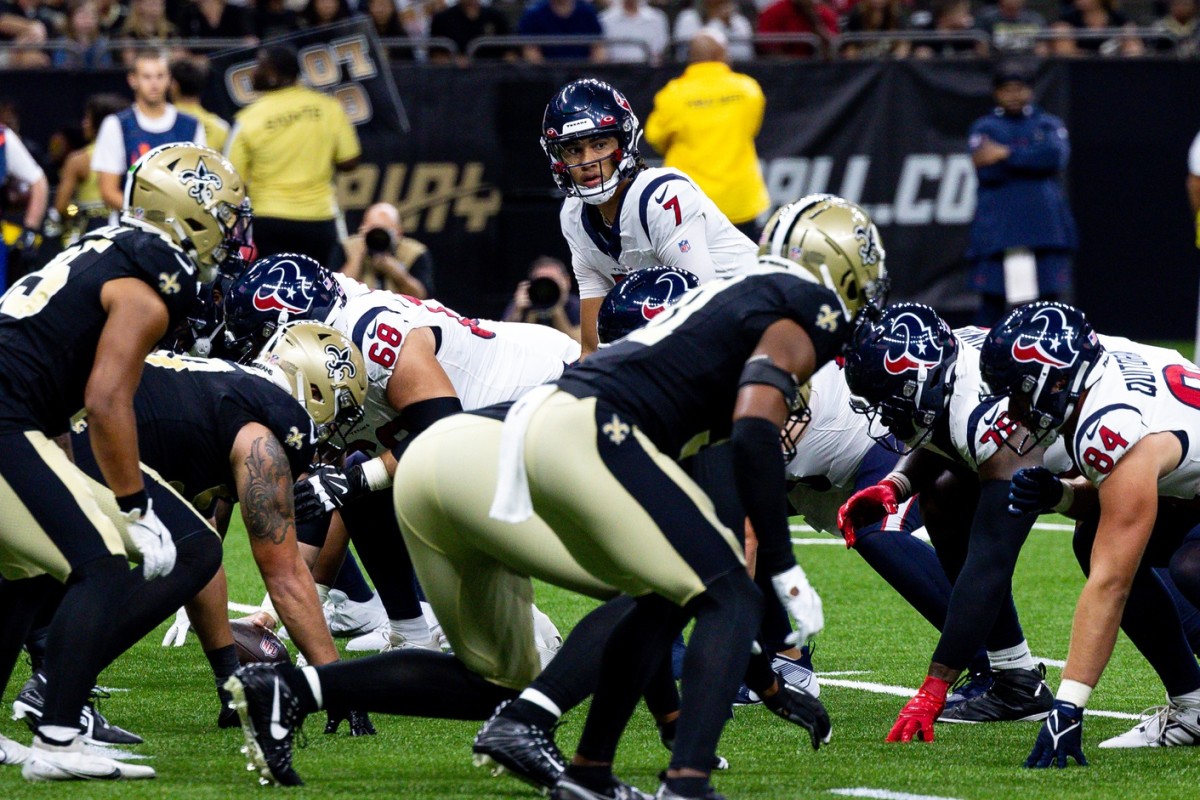 Aug 27, 2023; Houston Texans quarterback C.J. Stroud (7) calls for the ball against the New Orleans Saints. Mandatory Credit: Stephen Lew-USA TODAY Sports
