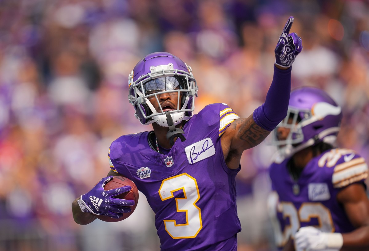 Sep 10, 2023; Minneapolis, Minnesota, USA; Minnesota Vikings wide receiver Jordan Addison (3) celebrates his first career touchdown against the Tampa Bay Buccaneers in the second quarter at U.S. Bank Stadium.
