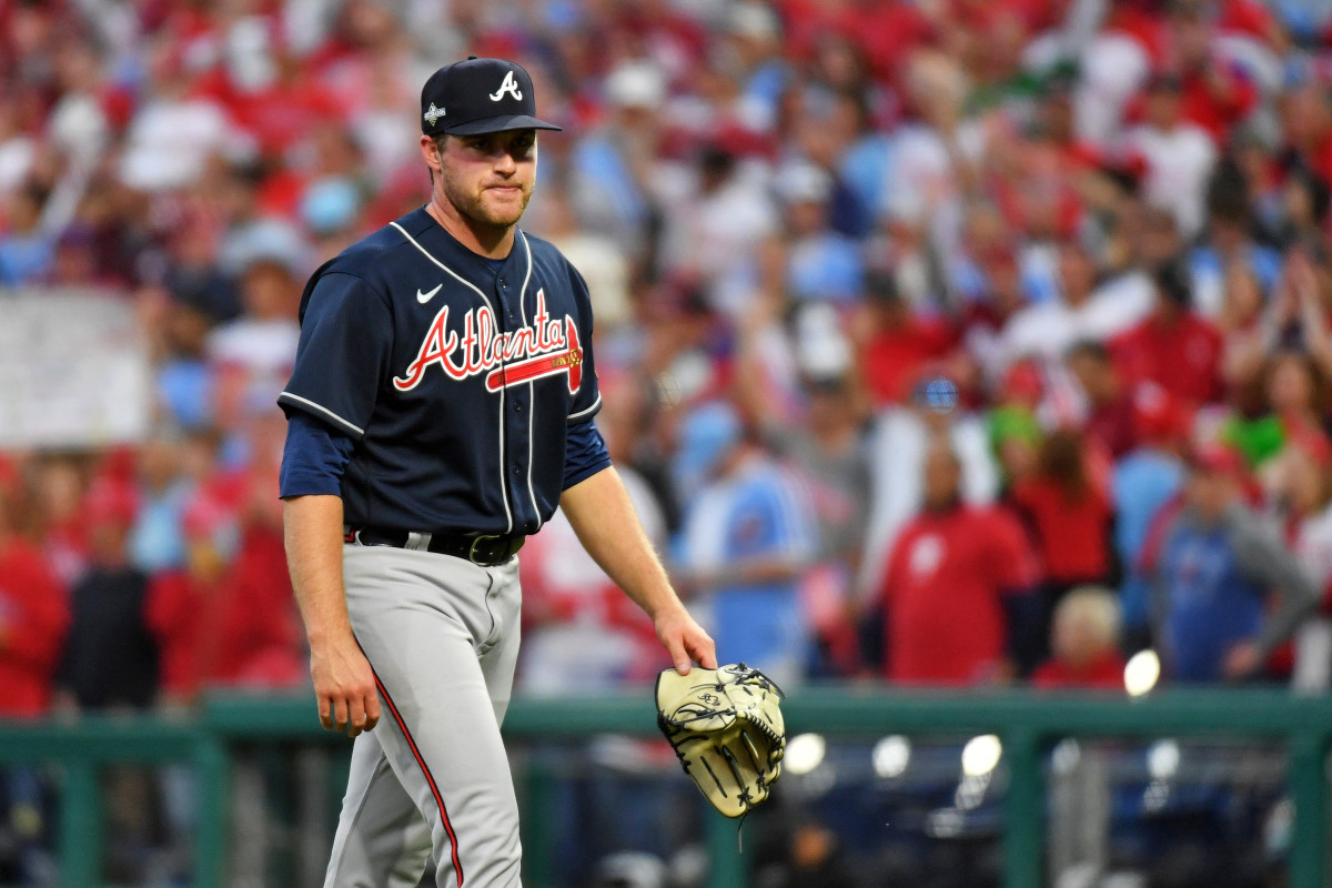 Oct 11, 2023; Philadelphia, Pennsylvania, USA; Atlanta Braves starting pitcher Bryce Elder (55) walks off the field after being pulled from the game during the third inning against the Philadelphia Phillies in game three of the NLDS for the 2023 MLB playoffs at Citizens Bank Park.