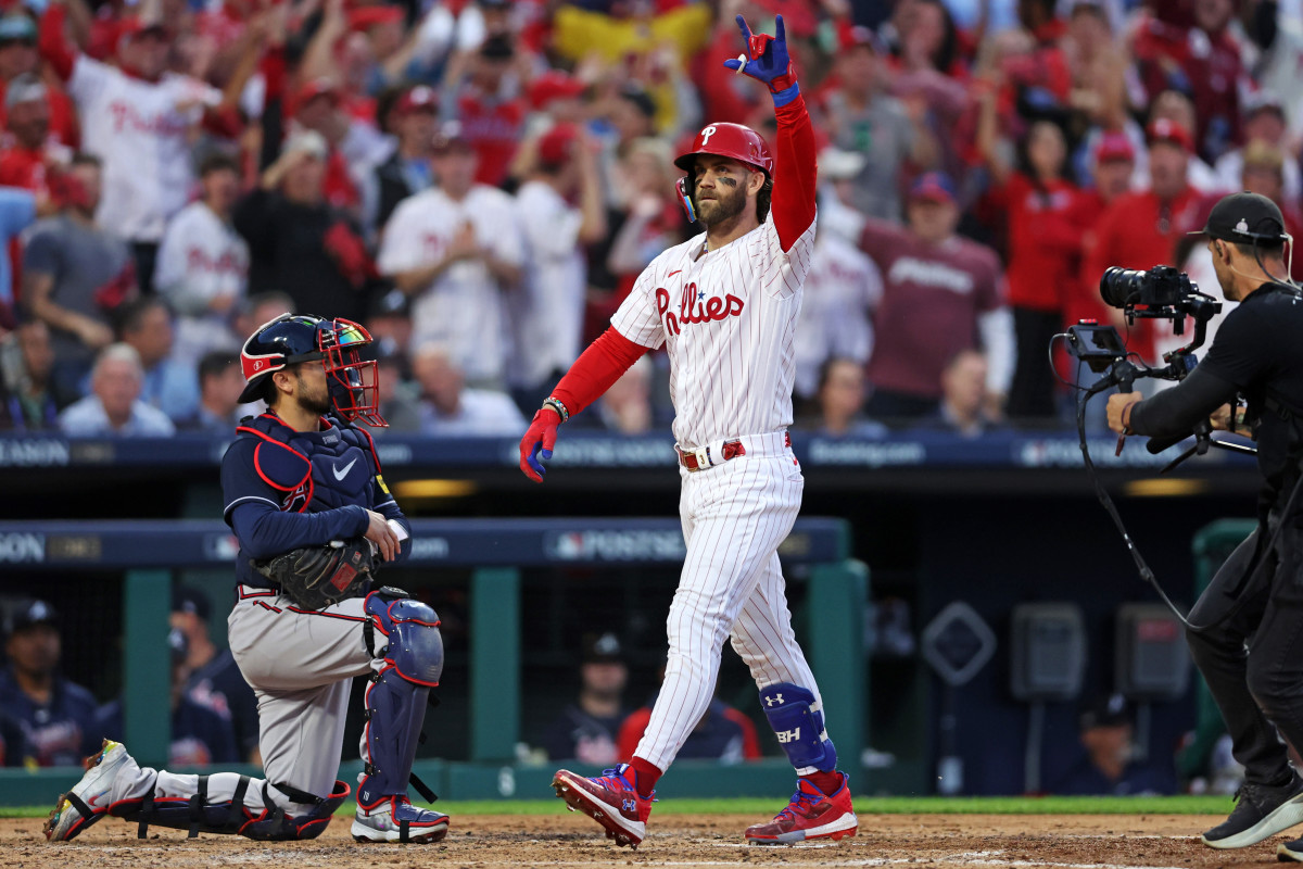 Oct 11, 2023; Philadelphia, Pennsylvania, USA; Philadelphia Phillies first baseman Bryce Harper (3) celebrates after hitting a three run home run during the third inning against the Atlanta Braves in game three of the NLDS for the 2023 MLB playoffs at Citizens Bank Park.