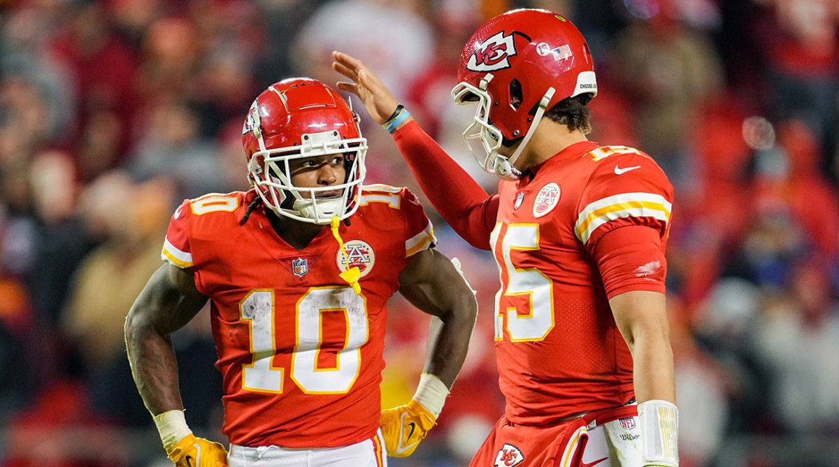 Kansas City Chiefs running back Isiah Pacheco and quarterback Patrick Mahomes