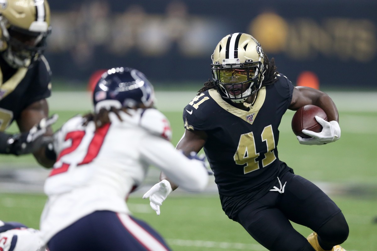 Sep 9, 2019; New Orleans Saints running back Alvin Kamara (41) defended by Houston Texans cornerback Bradley Roby (21). Mandatory Credit: Chuck Cook-USA TODAY Sports