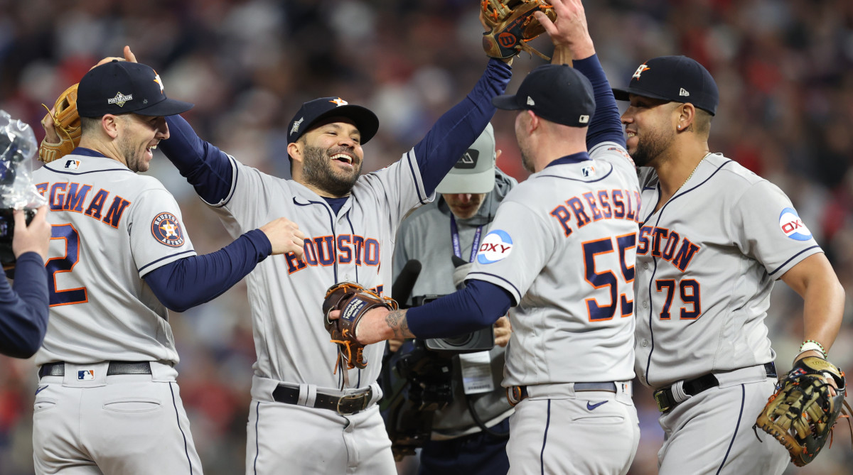 Astros second baseman Jose Altuve celebrates defeating the Twins after Game 4 of the 2023 ALDS.