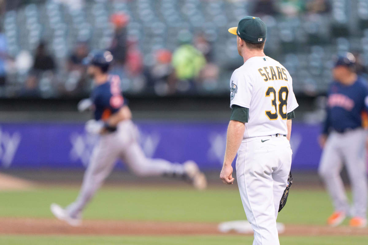 Jul 21, 2023; Oakland, California, USA; Oakland Athletics starting pitcher JP Sears (38) watches Houston Astros right fielder Kyle Tucker (30) run the bases after hitting a two run home run during the fifth inning at Oakland-Alameda County Coliseum. Mandatory Credit: Stan Szeto-USA TODAY Sports