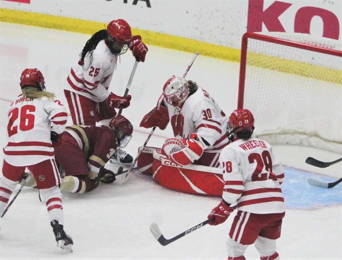 Wisconsin goaltender Ava McNaughton made a save during the first period of the team's game with Boston College on Friday Oct. 6, 2023 at LaBahn Arena in Madison, Wis.