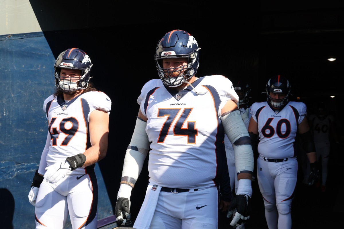 Denver Broncos guard Ben Powers (74) takes the field before the game against the Chicago Bears at Soldier Field.