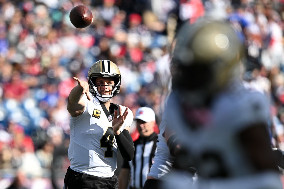 Oct 8, 2023; New Orleans Saints quarterback Derek Carr (4) throws the ball against the New England Patriots. Mandatory Credit: Brian Fluharty-USA TODAY