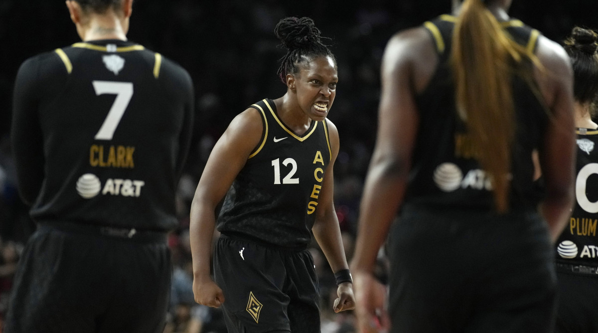 Las Vegas Aces guard Chelsea Gray celebrates after a play against the New York Liberty during the WNBA Finals.
