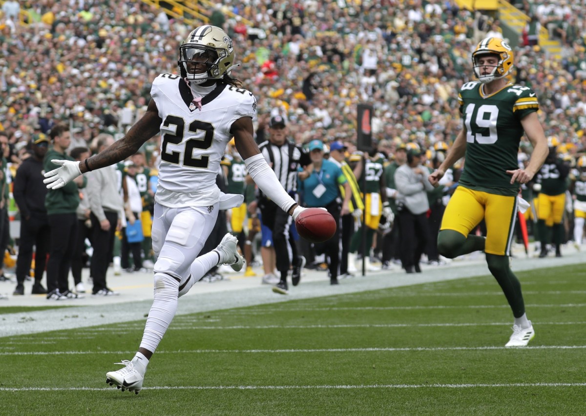 Sep 24, 2023; New Orleans Saints wide receiver Rashid Shaheed (22) scores a touchdown on punt against the Green Bay Packers. Mandatory Credit: Dan Powers-USA TODAY Sports
