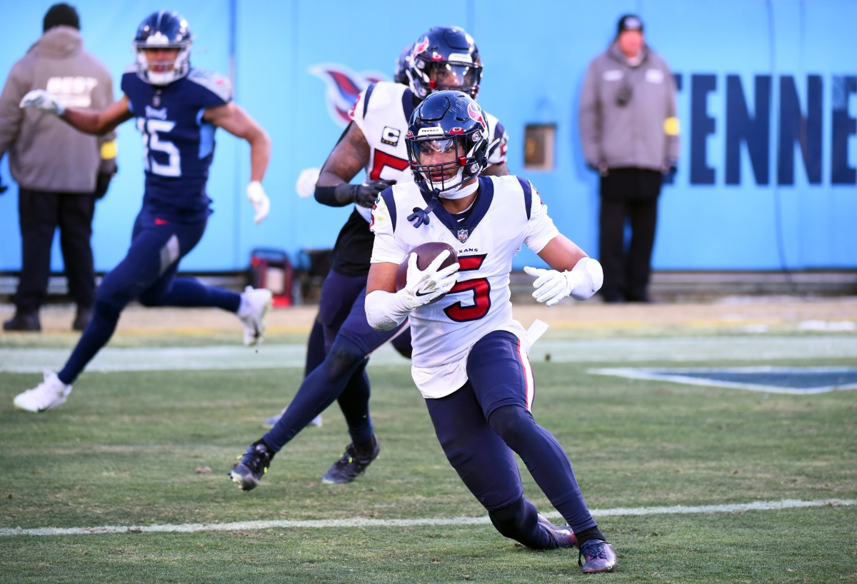 Dec 24, 2022; Houston Texans safety Jalen Pitre (5) after intercepting a pass against the Tennessee Titans. Mandatory Credit: Christopher Hanewinckel-USA TODAY Sports