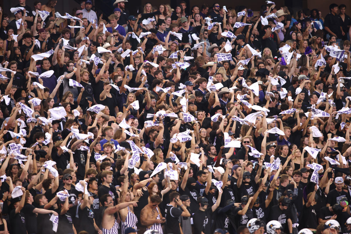 Sep 30, 2023; Fort Worth, Texas, USA; TCU Horned Frogs fans waves towels before the game against the West Virginia Mountaineers at Amon G. Carter Stadium.