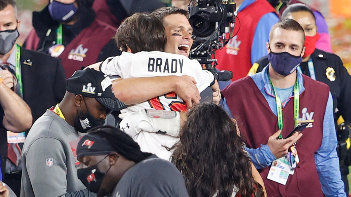 Feb 7, 2020; Tampa, FL, USA; Tampa Bay Buccaneers quarterback Tom Brady (12) celebrates with family members after defeating the Kansas City Chiefs in Super Bowl LV at Raymond James Stadium.