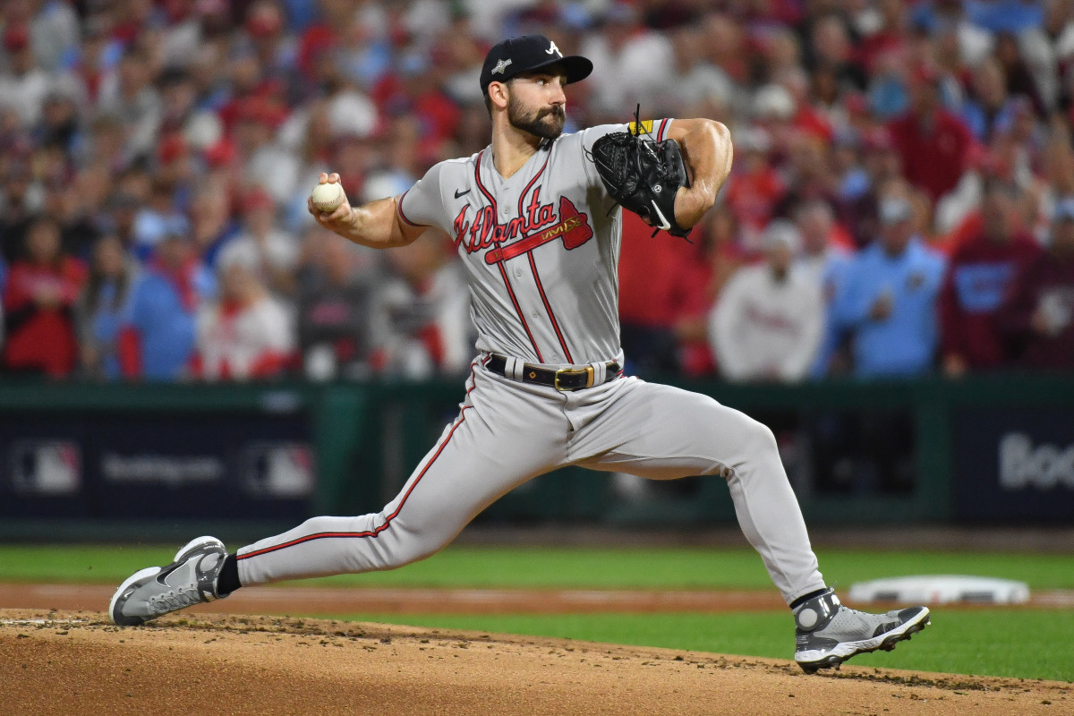 Oct 12, 2023; Philadelphia, Pennsylvania, USA; Atlanta Braves starting pitcher Spencer Strider (99) throws against the Philadelphia Phillies during the first inning in game four of the NLDS in the 2023 MLB playoffs at Citizens Bank Park