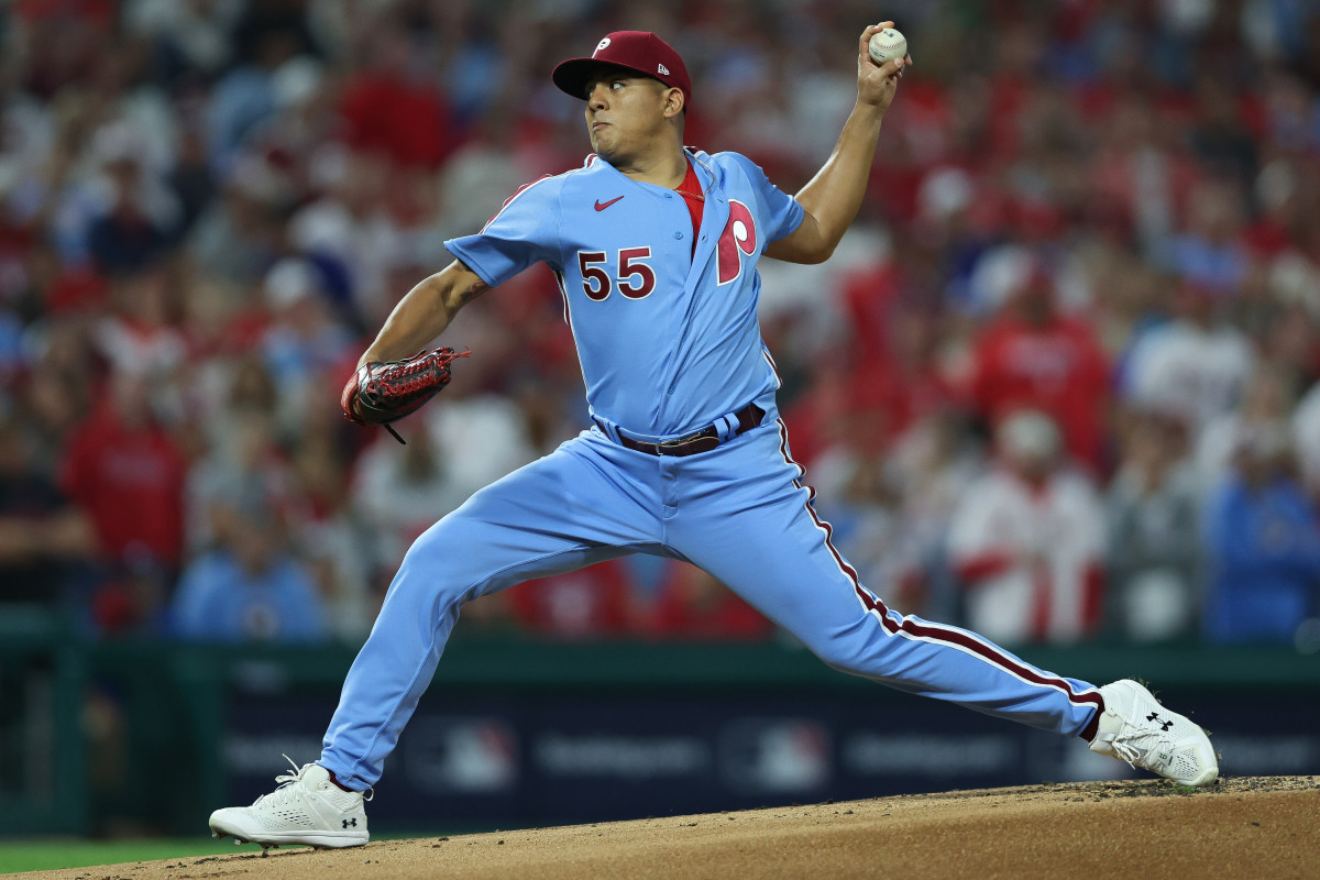 Oct 12, 2023; Philadelphia, Pennsylvania, USA; Philadelphia Phillies starting pitcher Ranger Suarez (55) throws against the Atlanta Braves during the first inning in game four of the NLDS of the 2023 MLB playoffs at Citizens Bank Park.
