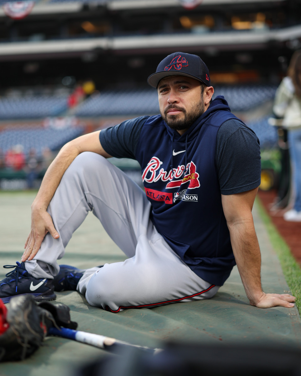 Oct 12, 2023; Philadelphia, Pennsylvania, USA; Atlanta Braves catcher Travis d'Arnaud (16) before playing against the Philadelphia Phillies in game four of the NLDS for the 2023 MLB playoffs at Citizens Bank Park.