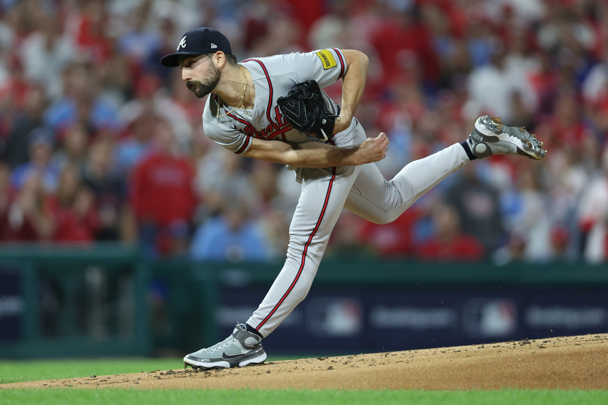 Oct 12, 2023; Philadelphia, Pennsylvania, USA; Atlanta Braves starting pitcher Spencer Strider (99) throws against the. Philadelphia Phillies during the first inning in game four of the NLDS of the 2023 MLB playoffs at Citizens Bank Park.