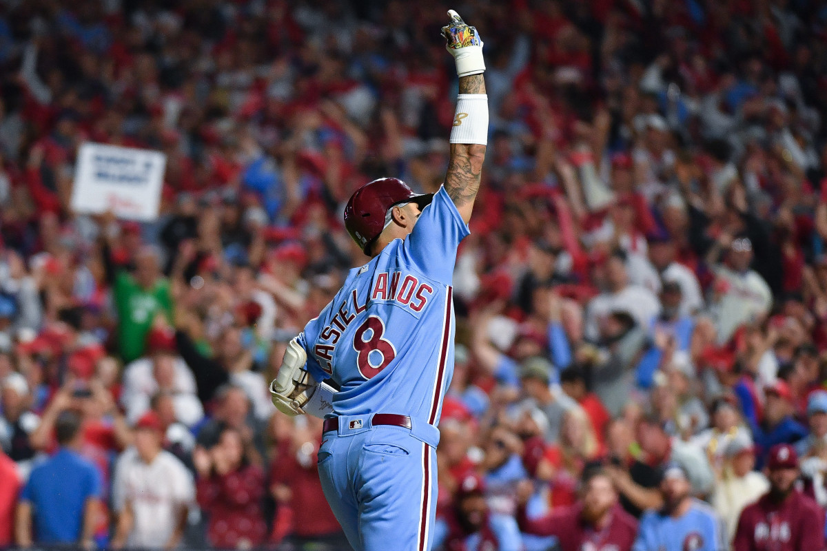 Oct 12, 2023; Philadelphia, Pennsylvania, USA; Philadelphia Phillies right fielder Nick Castellanos (8) reacts after hitting a solo home run against the Atlanta Braves during the sixth inning during game four of the NLDS for the 2023 MLB playoffs at Citizens Bank Park.