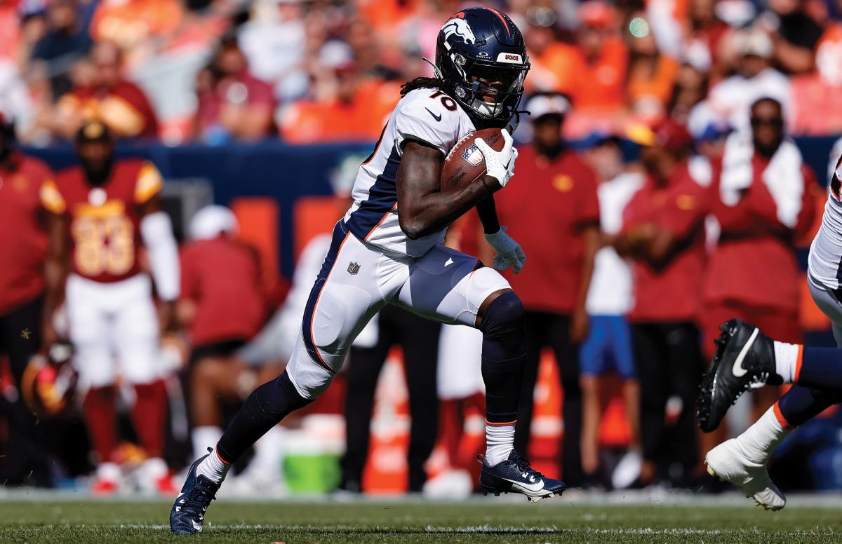 Denver Broncos wide receiver Jerry Jeudy runs the ball