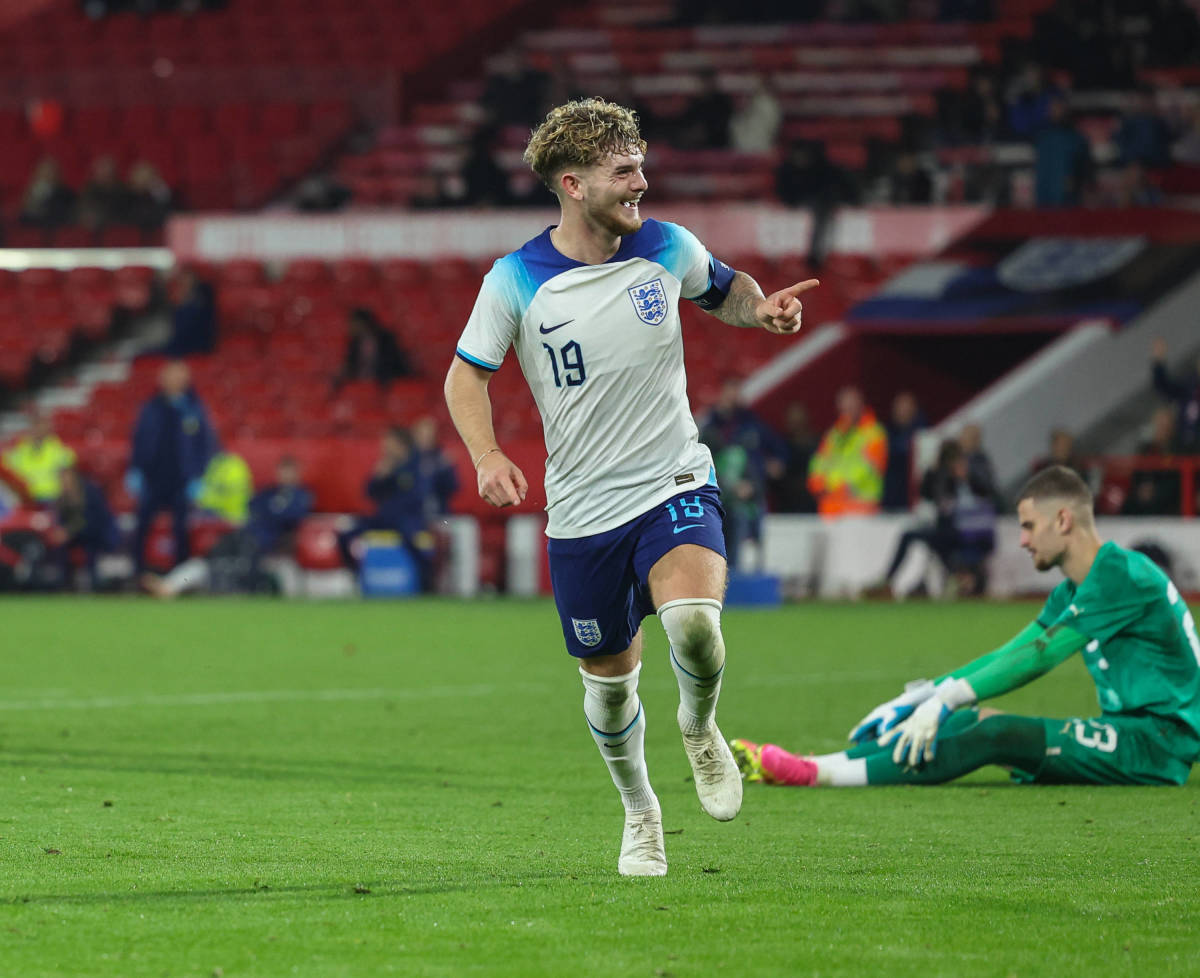 Harvey Elliott pictured celebrating after scoring the 10th goal of the game in England's 9-1 win over Serbia in an Under-21 international in October 2023