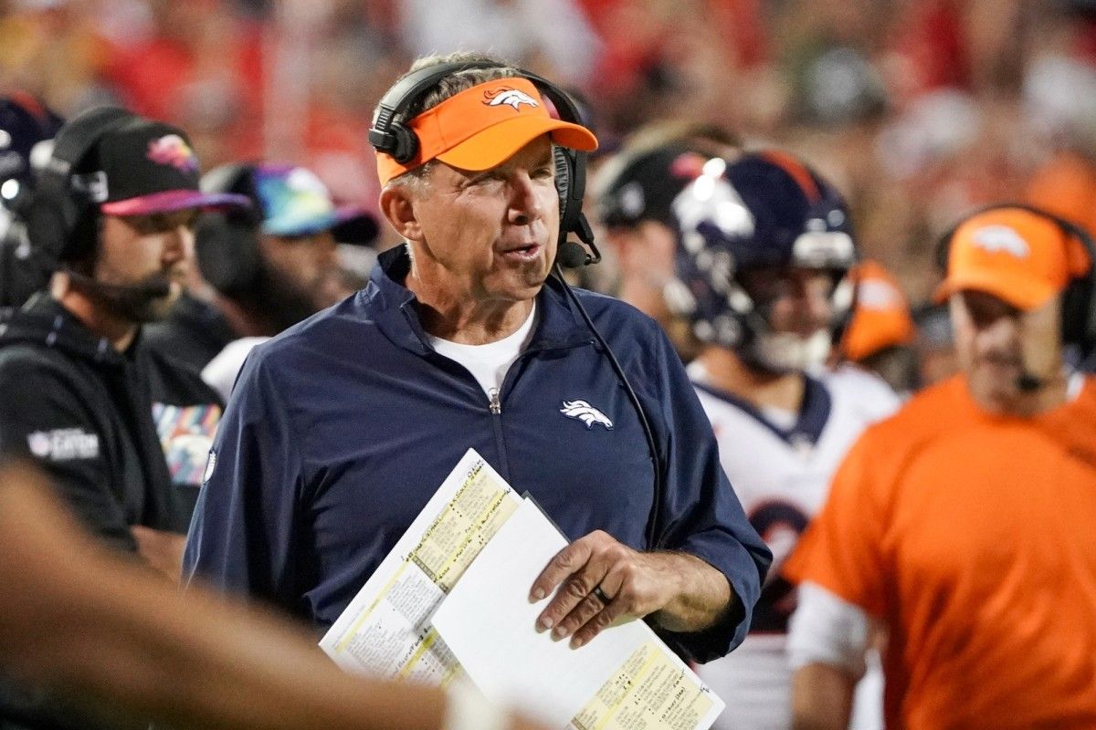 Denver Broncos head coach Sean Payton watches play against the Kansas City Chiefs during the first half at GEHA Field at Arrowhead Stadium.