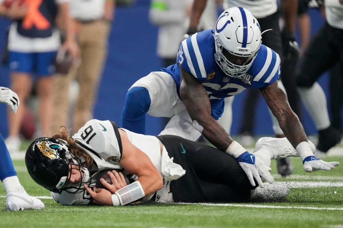 Indianapolis Colts linebacker Shaquille Leonard (53) covers Jacksonville Jaguars quarterback Trevor Lawrence (16) as he goes to the turf Sunday, Sept. 10, 2023, during a game against the Jacksonville Jaguars at Lucas Oil Stadium in Indianapolis.