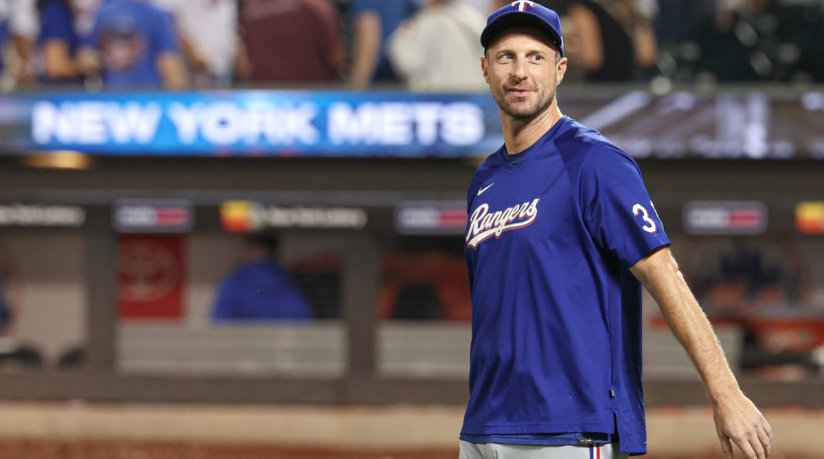 Aug 28, 2023; New York City, New York, USA; Texas Rangers starting pitcher Max Scherzer (31) on the field after the game against the New York Mets at Citi Field.