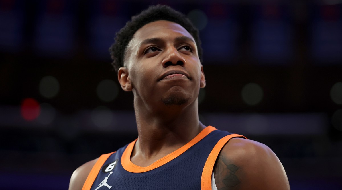 Knicks guard RJ Barrett (9) looks on during the second quarter of a game against the Celtics.
