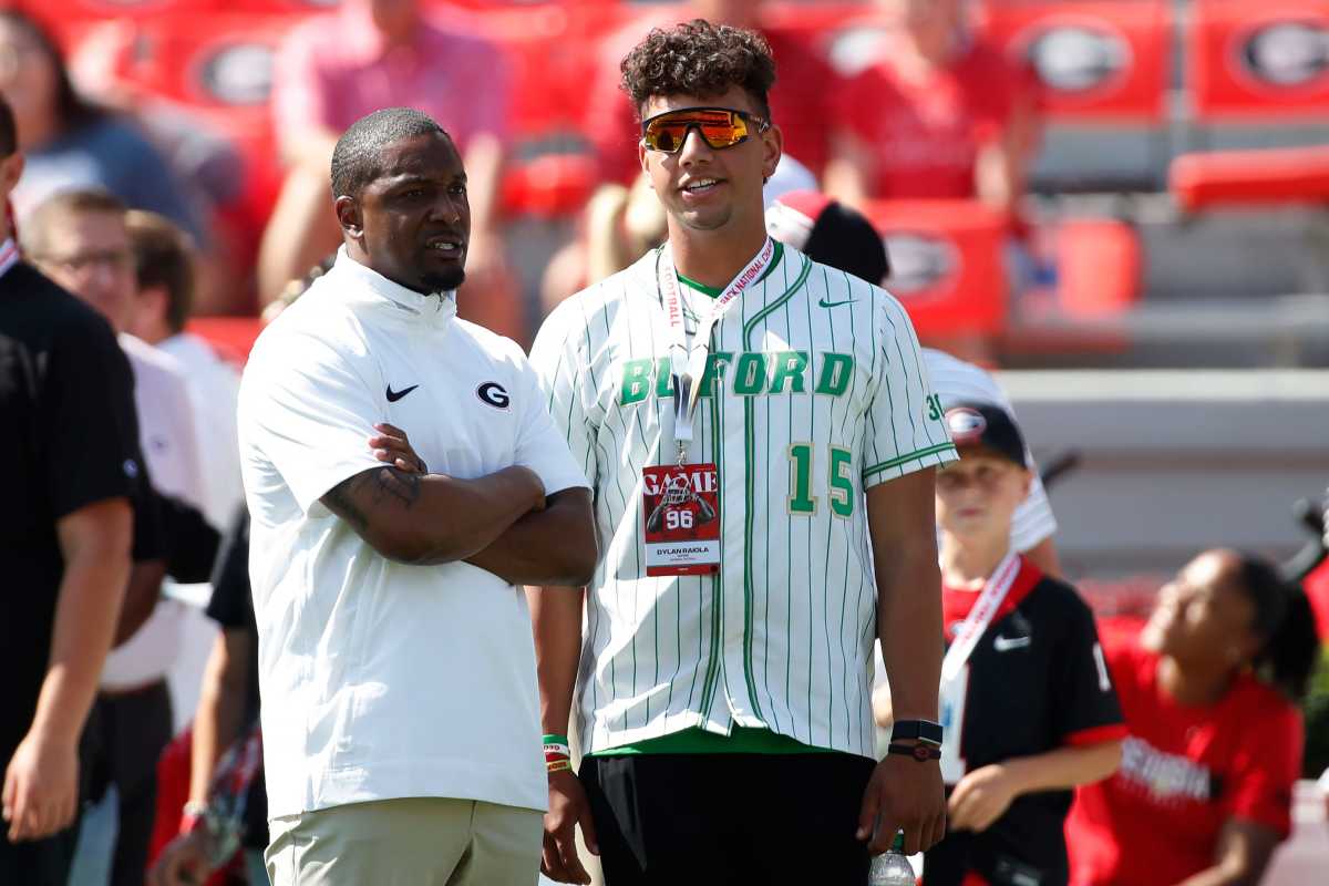 Buford quarterback and Georgia commit Dylan Raiola looks on from the sideline during warm ups before the start of a NCAA college football game against Ball State in Athens, Ga., on Saturday, Sept. 9, 2023.