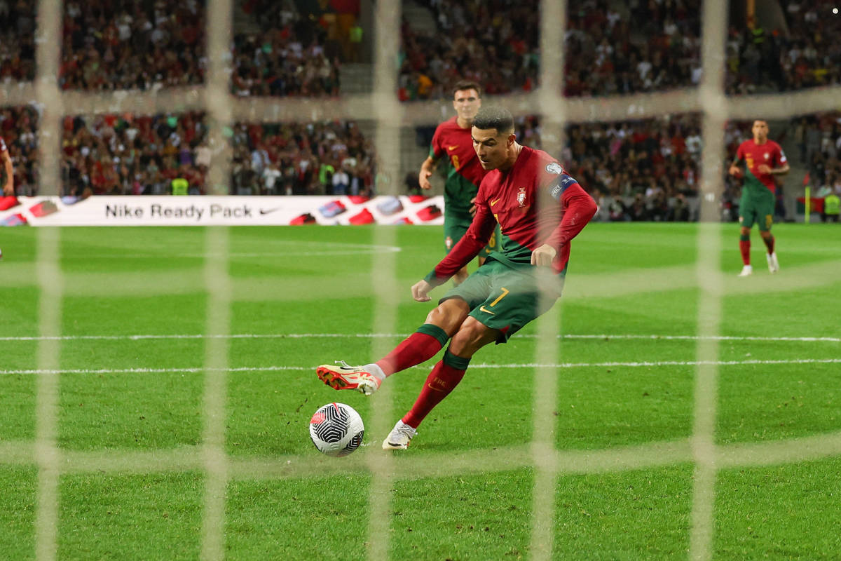 Cristiano Ronaldo pictured converting a penalty kick against Slovakia during a 3-2 win for Portugal in October 2023