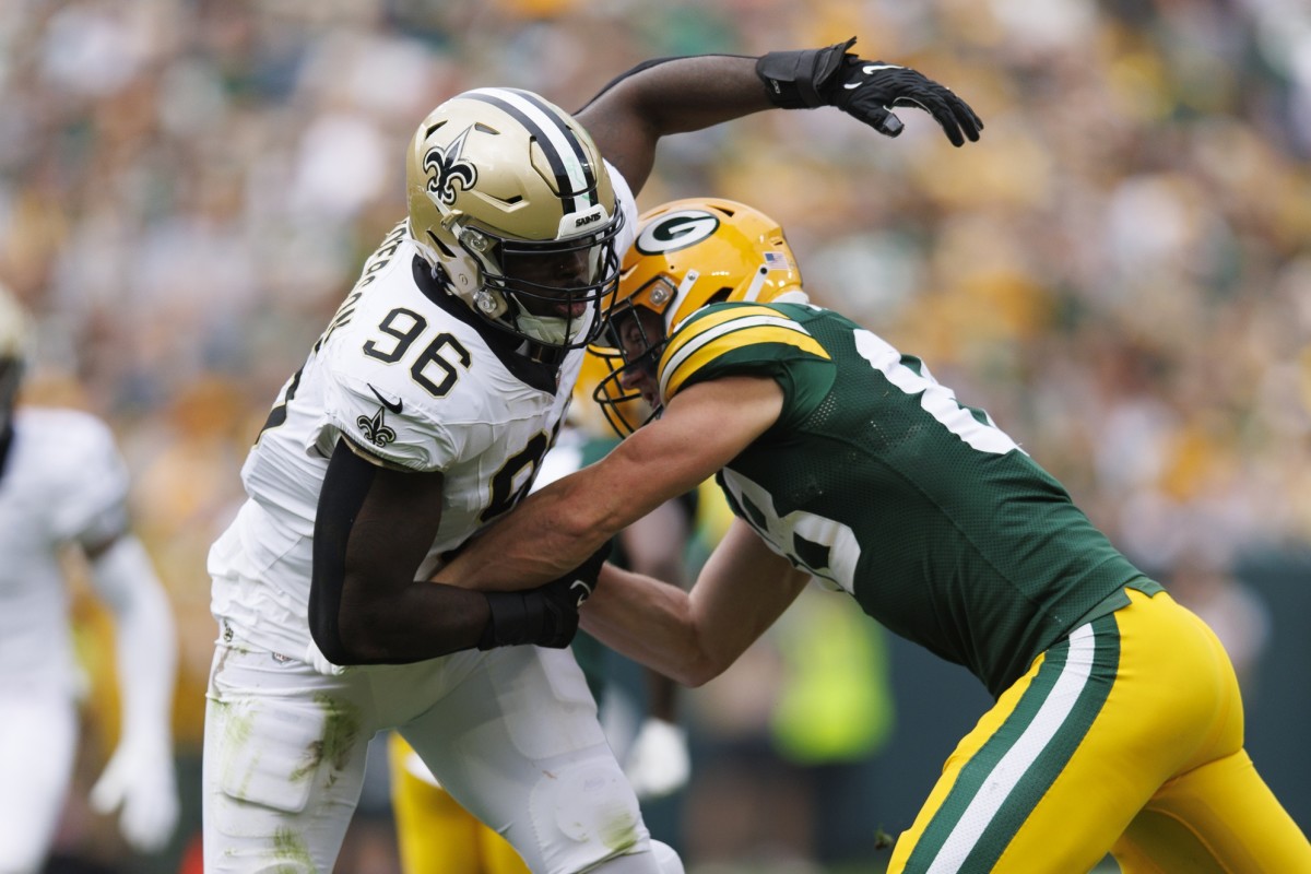 Sep 24, 2023; New Orleans Saints defensive end Carl Granderson (96) gets into the backfield against the Green Bay Packers. Mandatory Credit: Jeff Hanisch-USA TODAY Sports