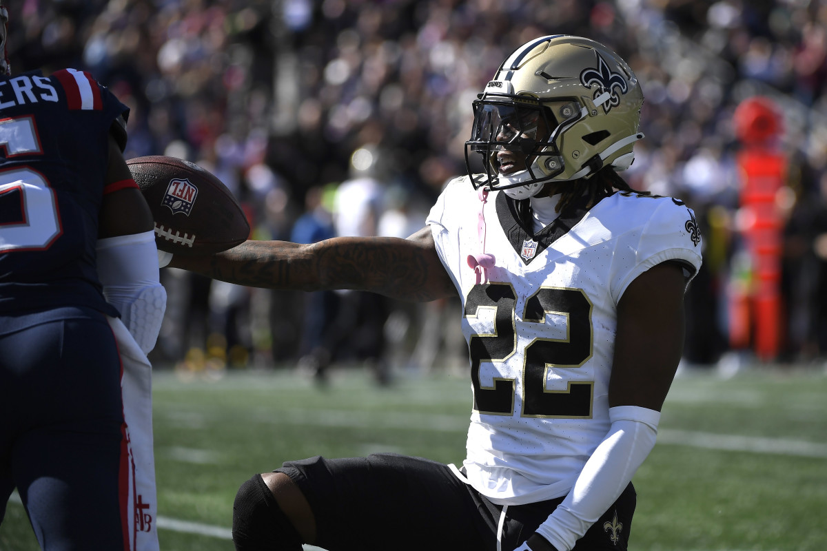 New Orleans Saints wide receiver Rashid Shaheed (22) reacts after making a first down.