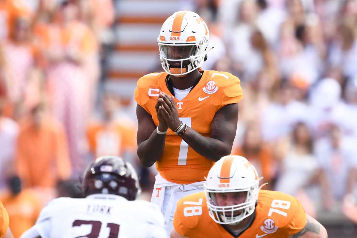 Tennessee quarterback Joe Milton (No. 7) waits for a snap against Texas A&M at Neyland Stadium in Knoxville. Tenn. 