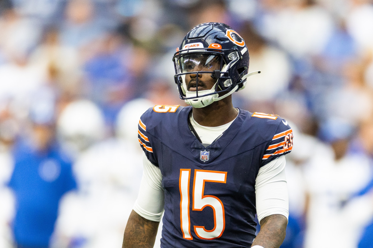 Aug 19, 2023; Indianapolis, Indiana, USA; Chicago Bears quarterback PJ Walker (15) in the first quarter at Lucas Oil Stadium.