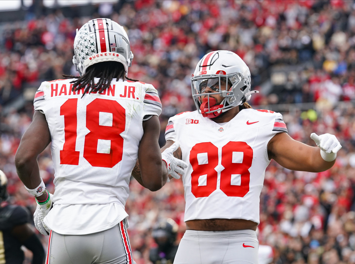 Oct 14, 2023; West Lafayette, Indiana, USA; Ohio State Buckeyes tight end Gee Scott Jr. (88) congratulates Marvin Harrison Jr. (18) after a touchdown during the first half at Ross-Ade Stadium.