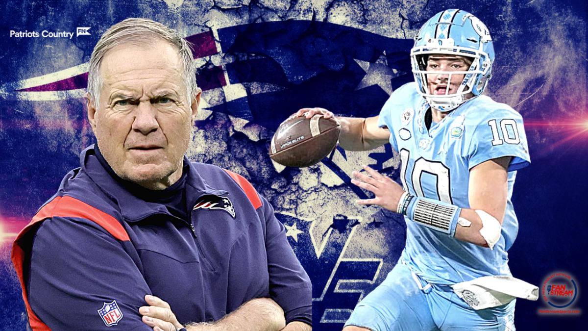 Patriots coach Bill Belichick with North Carolina quarterback Drake Maye, one of the top prospects in the 2024 draft.