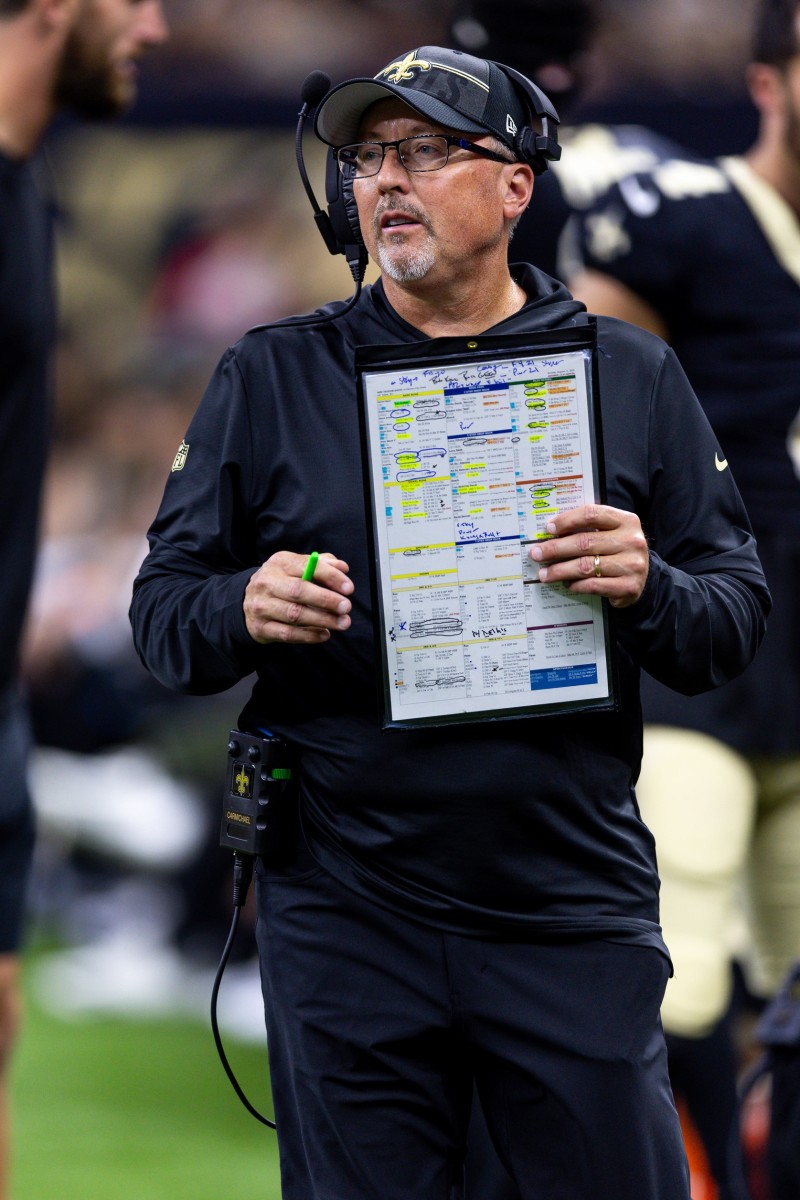 New Orleans Saints offensive coordinator Pete Carmichael looks on against the Kansas City Chiefs. Mandatory Credit: Stephen Lew-USA TODAY Sports