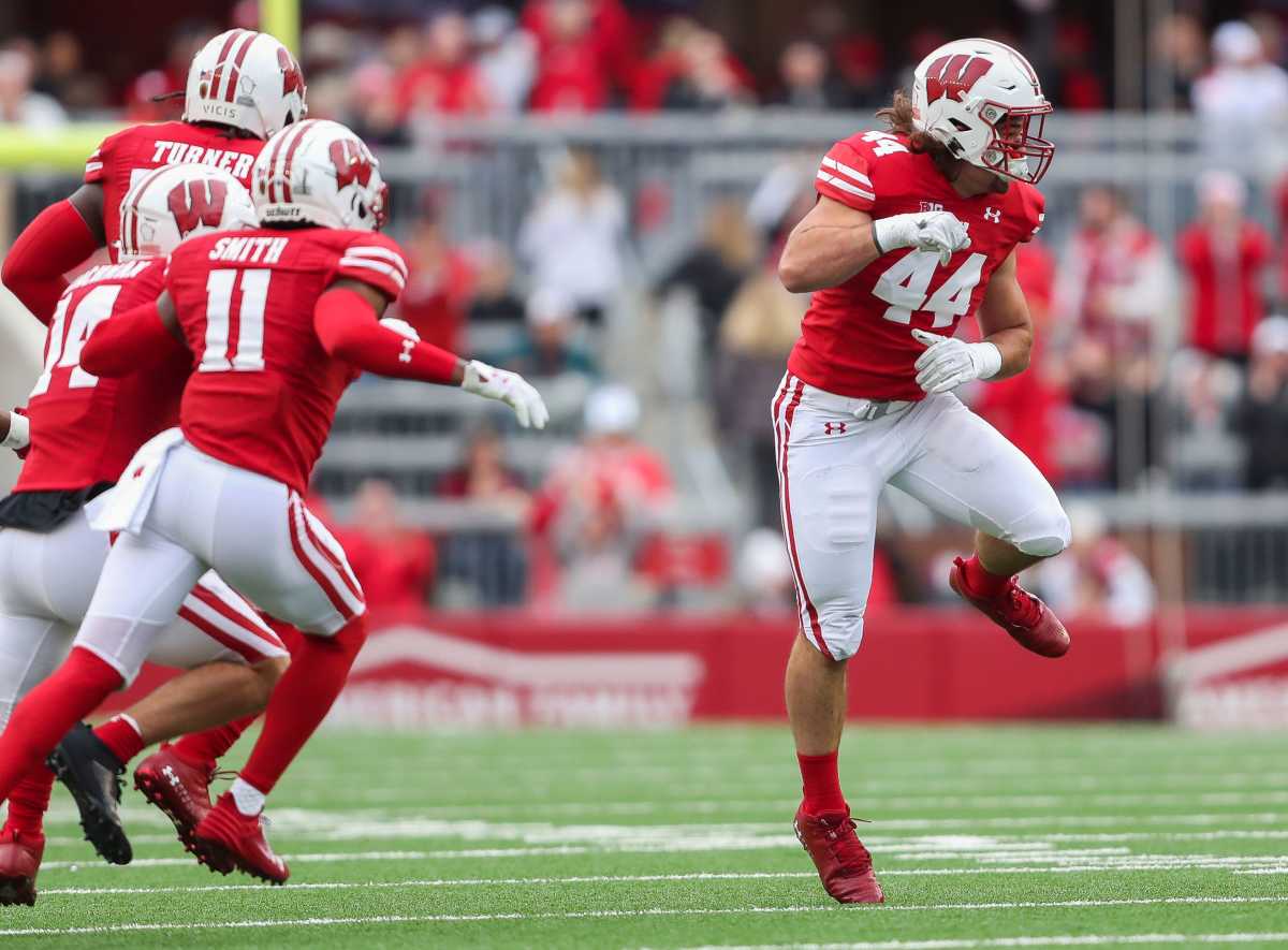 Wisconsin linebacker Jeff Pietrowski Jr. (44) celebrates after making a defensive stop against Iowa on Saturday, October 14, 2023, at Camp Randall Stadium in Madison, Wis. Iowa won the game, 12-6.