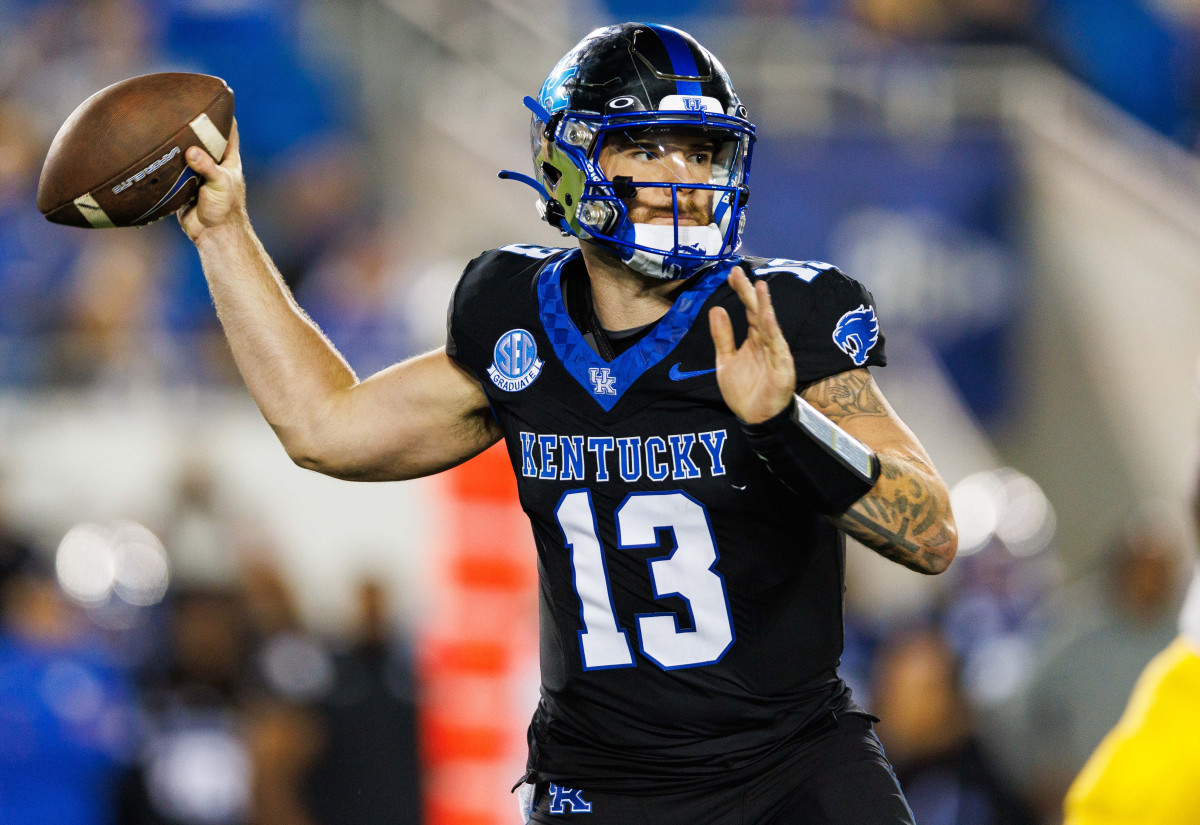Oct 14, 2023; Lexington, Kentucky, USA; Kentucky Wildcats quarterback Devin Leary (13) throws a pass during the second quarter against the Missouri Tigers at Kroger Field. Mandatory Credit: Jordan Prather-USA TODAY Sports