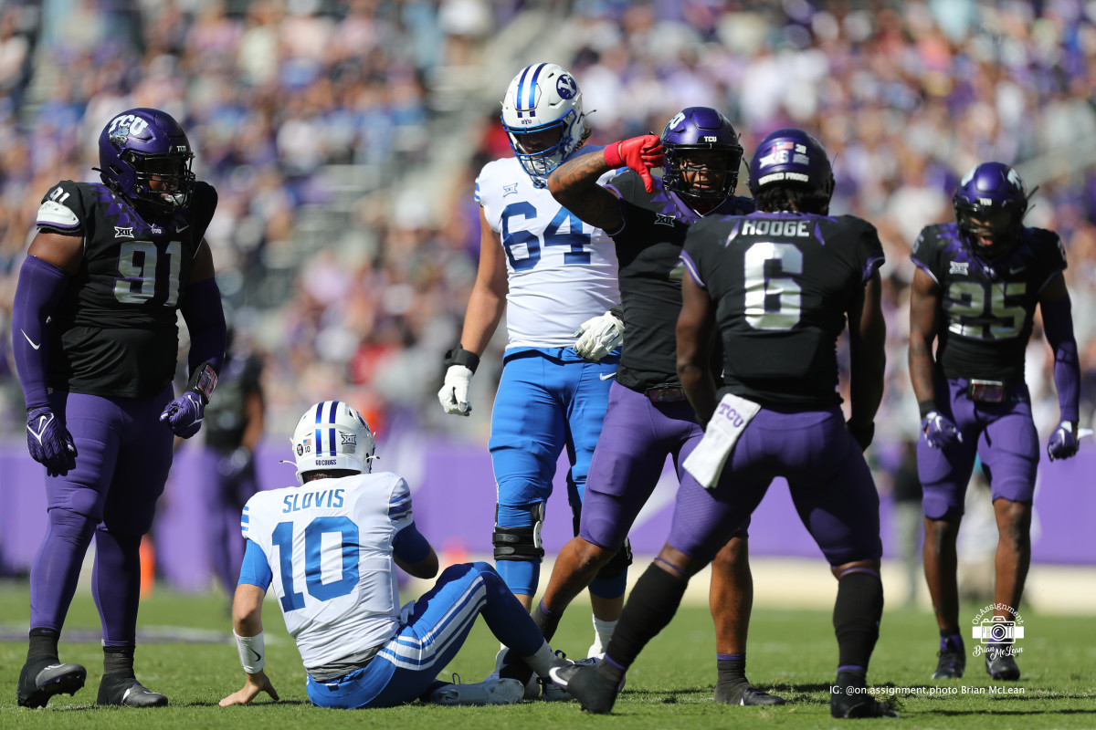 TCU's defense celebrates during the game with BYU