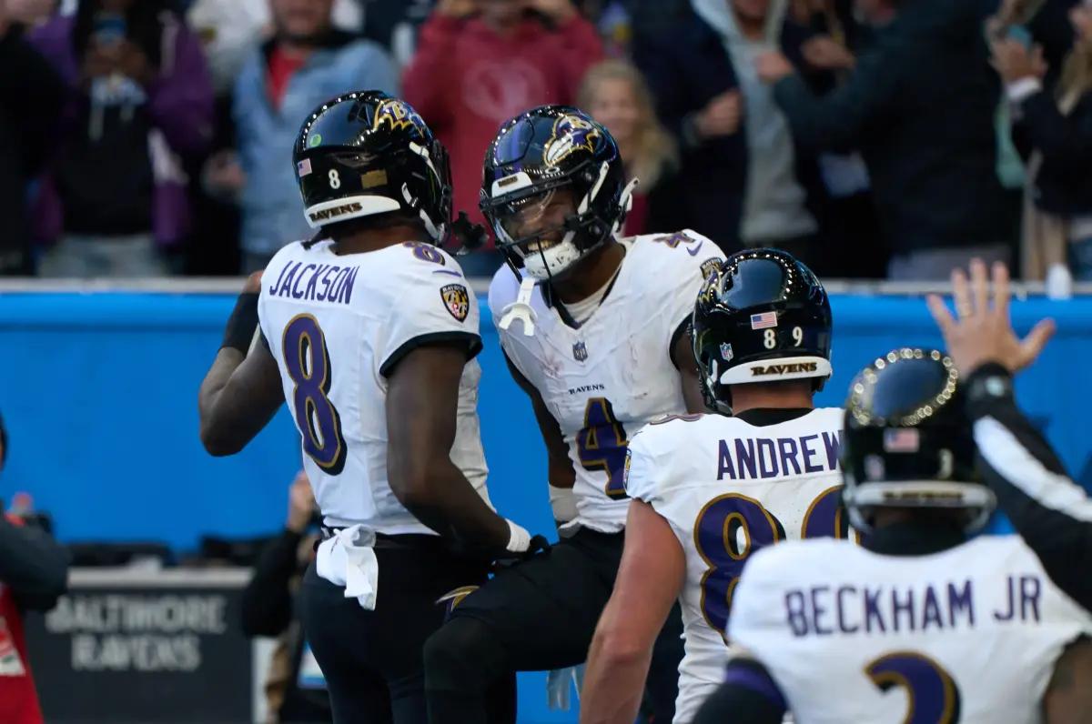 Ravens rookie Zay Flowers (4) grabbed his first NFL touchdown in London.