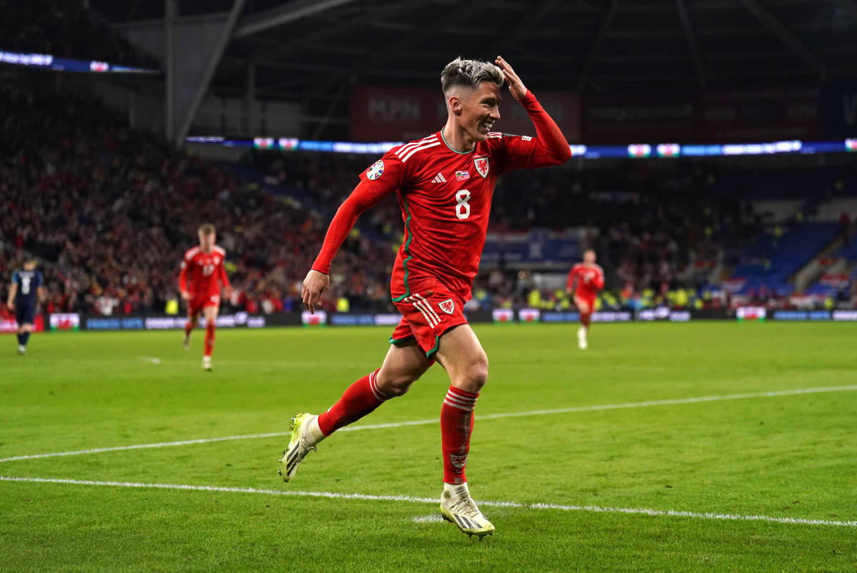 Harry Wilson pictured celebrating after scoring two goals for Wales in a 2-1 win over Croatia in October 2023