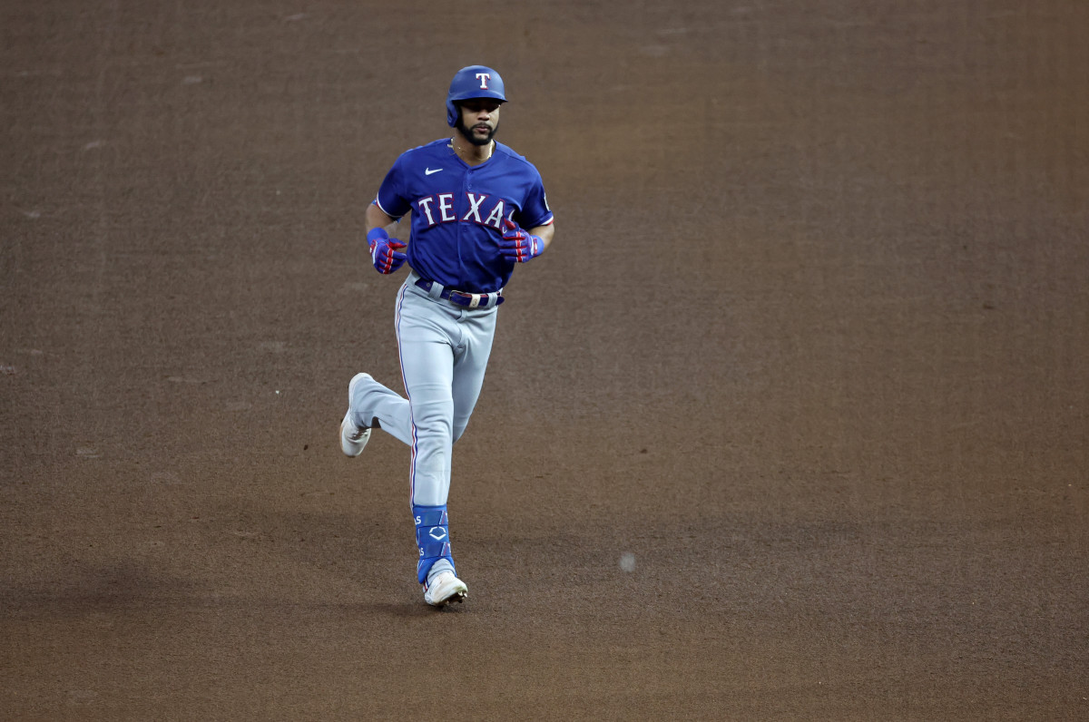 Oct 15, 2023; Houston, Texas, USA; Texas Rangers center fielder Leody Taveras (3) rounds the bases after hitting a home run during the fifth inning of game one of the ALCS against the Houston Astros in the 2023 MLB playoffs at Minute Maid Park. Mandatory Credit: Thomas Shea-USA TODAY Sports
