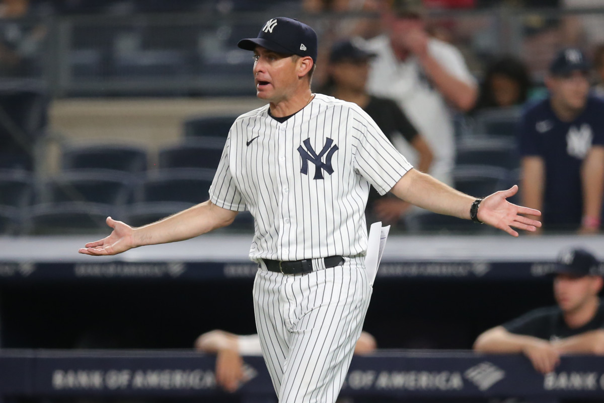 Jun 6, 2021; Bronx, New York, USA; New York Yankees bench coach Carlos Mendoza (64) reacts after being ejected during the tenth inning against the Boston Red Sox at Yankee Stadium.