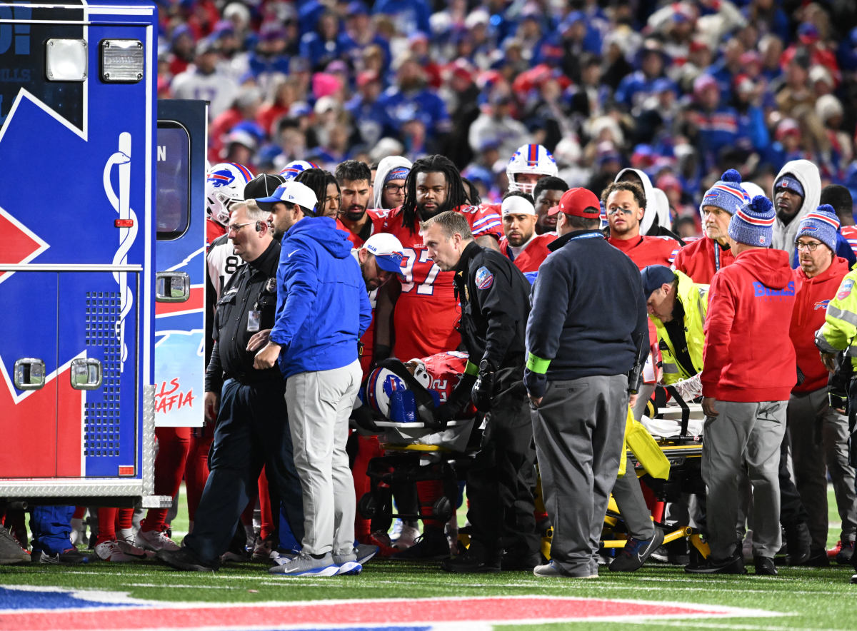 Buffalo Bills running back Damien Harris (22) is loaded into an ambulance after an injury in the second quarter against the New York Giants at Highmark Stadium.