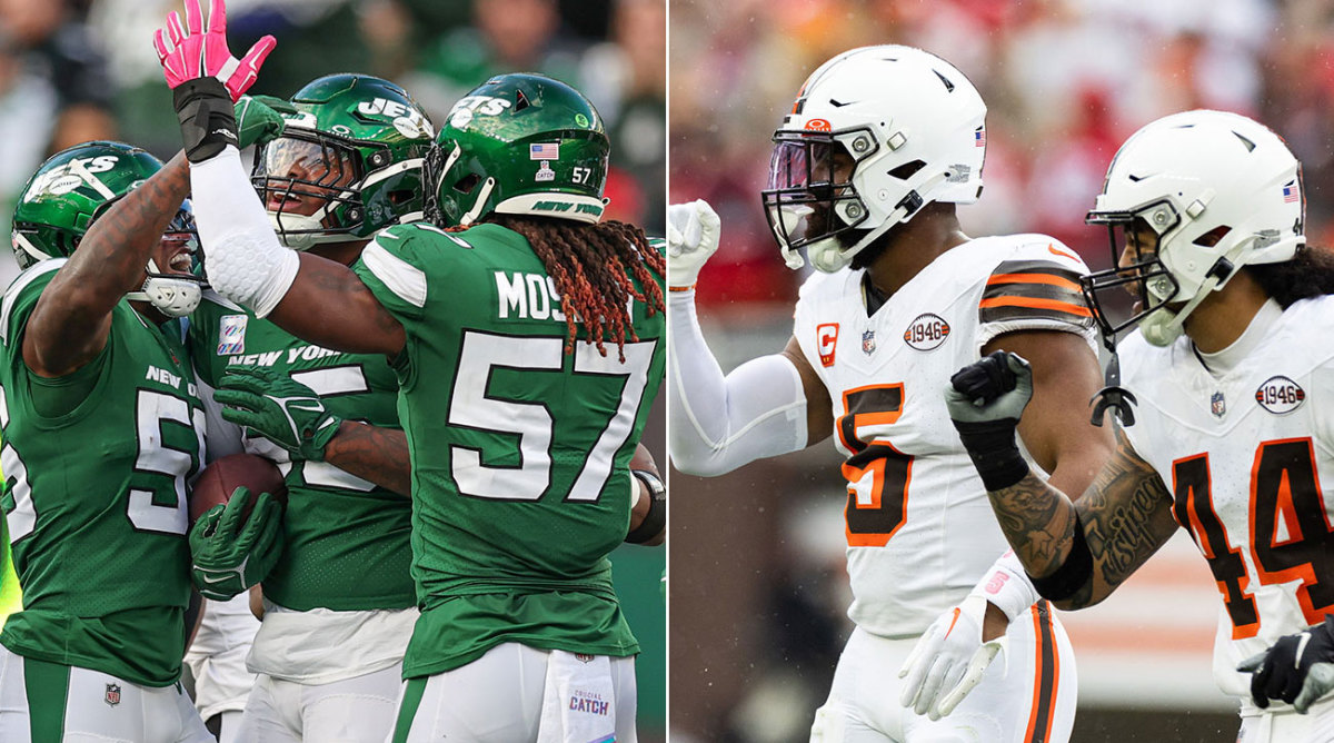 Separate photos of defensive players on the Jets and Browns celebrating in Week 6.