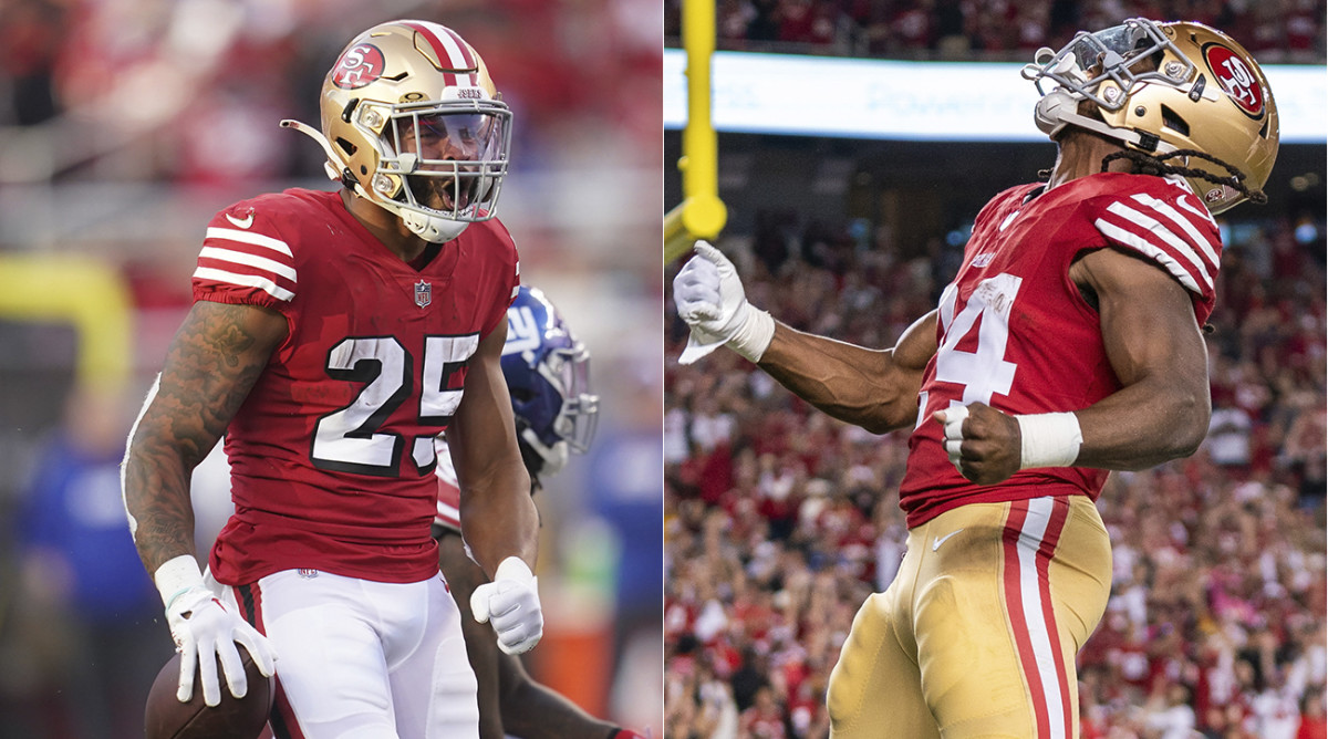 49ers running backs Elijah Mitchell and Jordan Mason