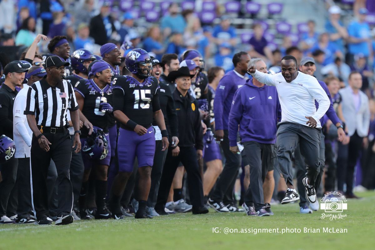 TCU sideline celebrating a 44-11 victory over BYU