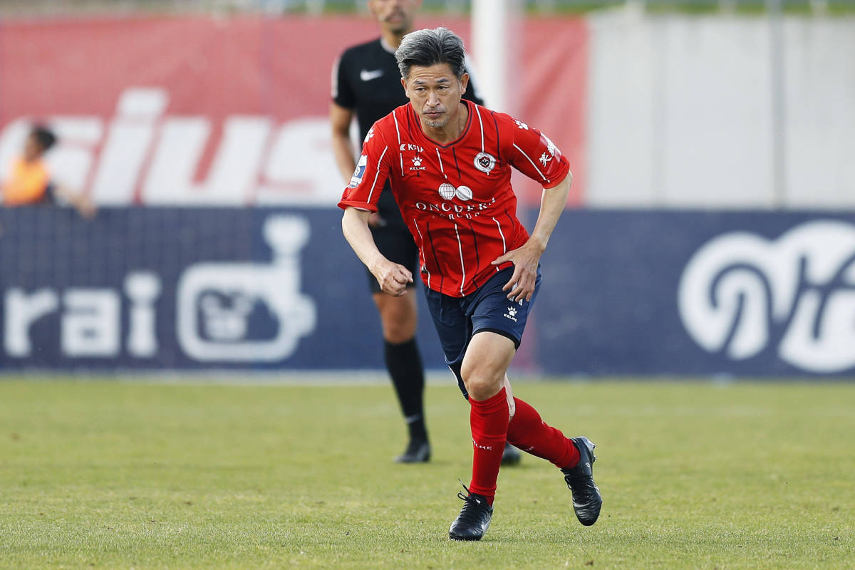 Kazuyoshi Miura pictured aged 56 playing for Oliveirense in Portugal's second division in May 2023