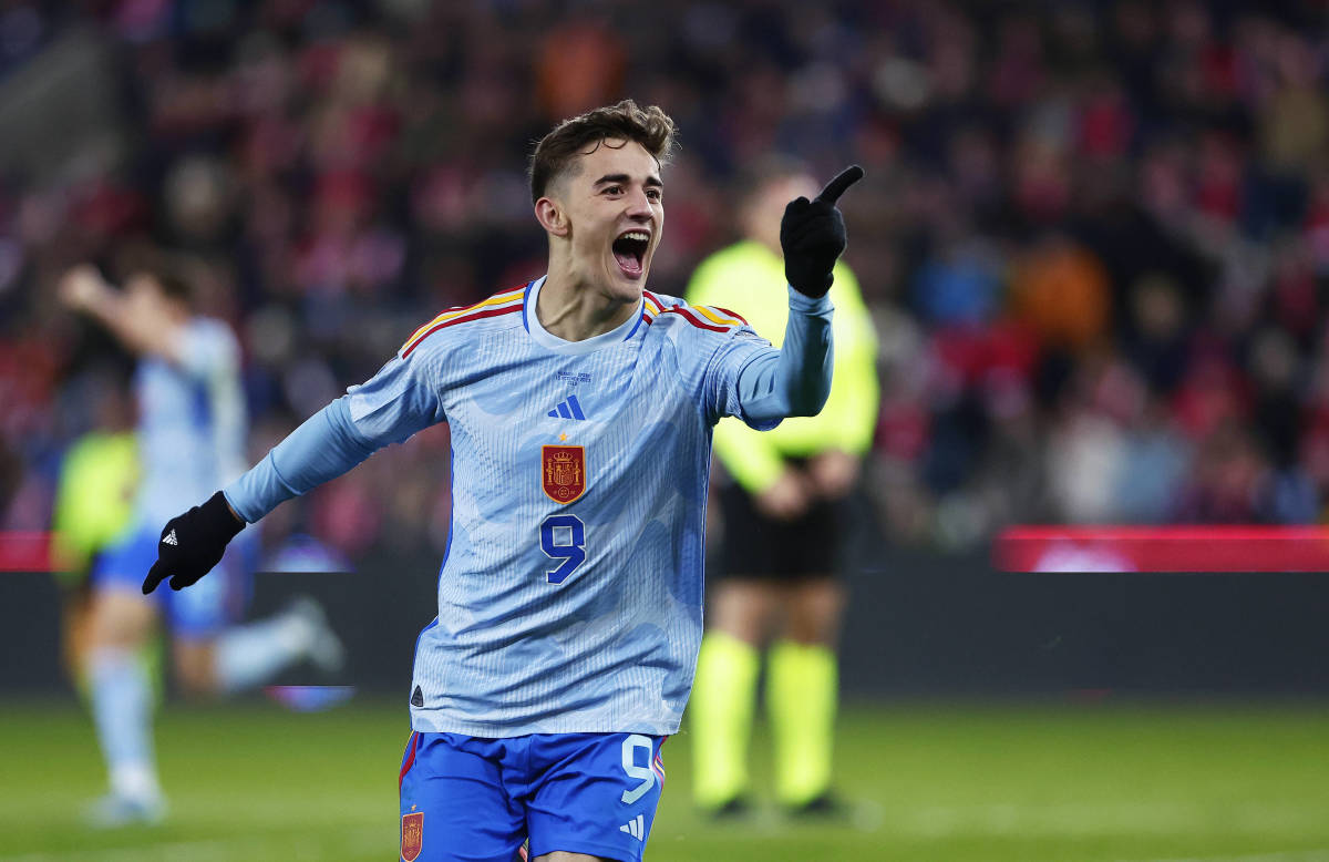 Gavi pictured celebrating after scoring a goal in Spain's 1-0 win over Norway in October 2023
